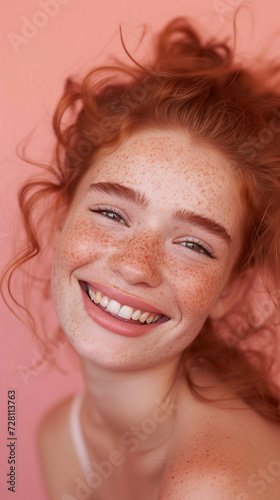Headshot Portrait of a cheerful girl with freckles  beaming smile  gazing at the camera. Pastel pink background.