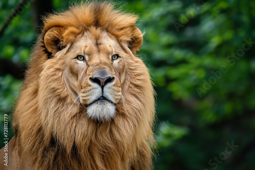 A close-up portrait of a majestic lion with a full mane against a lush green leafy background.