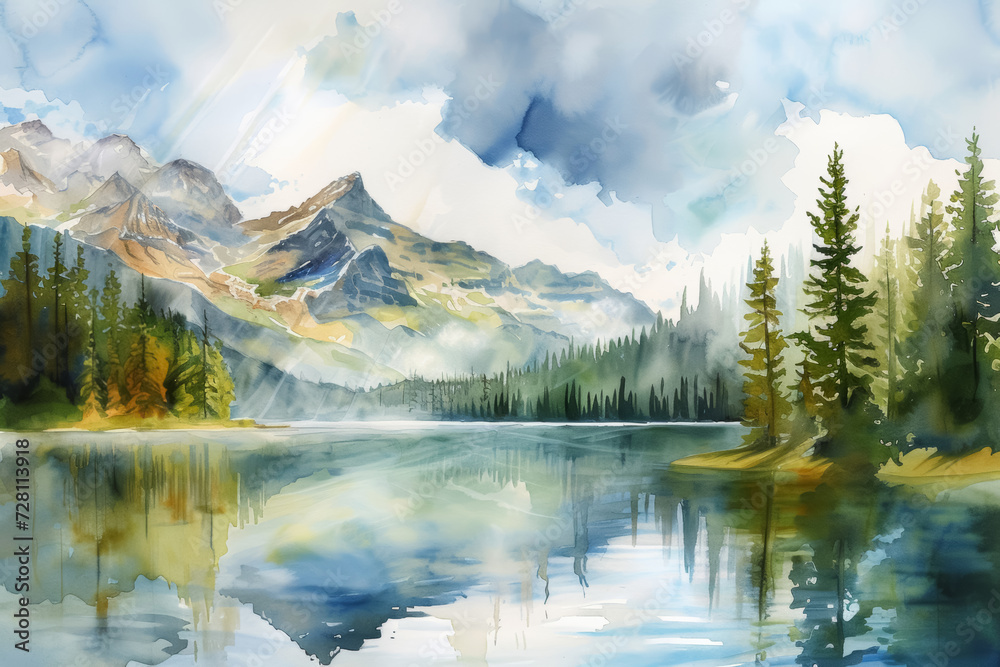 A watercolor painting of a serene mountain landscape with trees, a lake, and clouds.