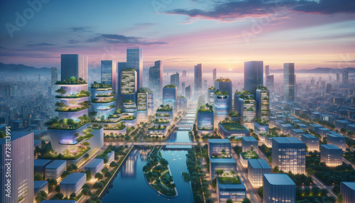 Futuristic Smart City at Twilight: Tranquil harmony of sustainable architecture, lush greenery, and advanced technology.