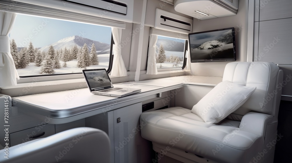 Fototapeta premium Modern camper van interior with a cozy interior and beautiful views of nature from the windows. Concept of mobile living, adventure travel, road trips, and nature-connected lifestyles.