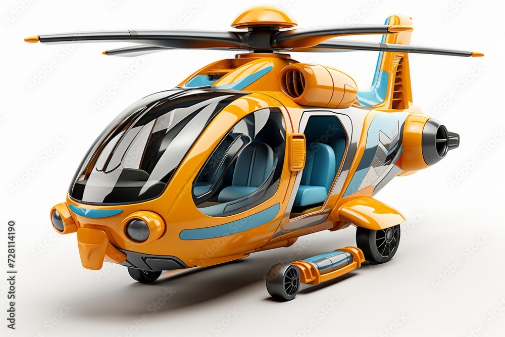Futuristic orange toy helicopter isolated on a white background. Concept of kids friendly toys, aviation playthings, playful designs, and bright colors Futuristic orange toy helicopter isolated on a white background. Concept of kids friendly toys, aviation playthings, playful designs, and bright colors