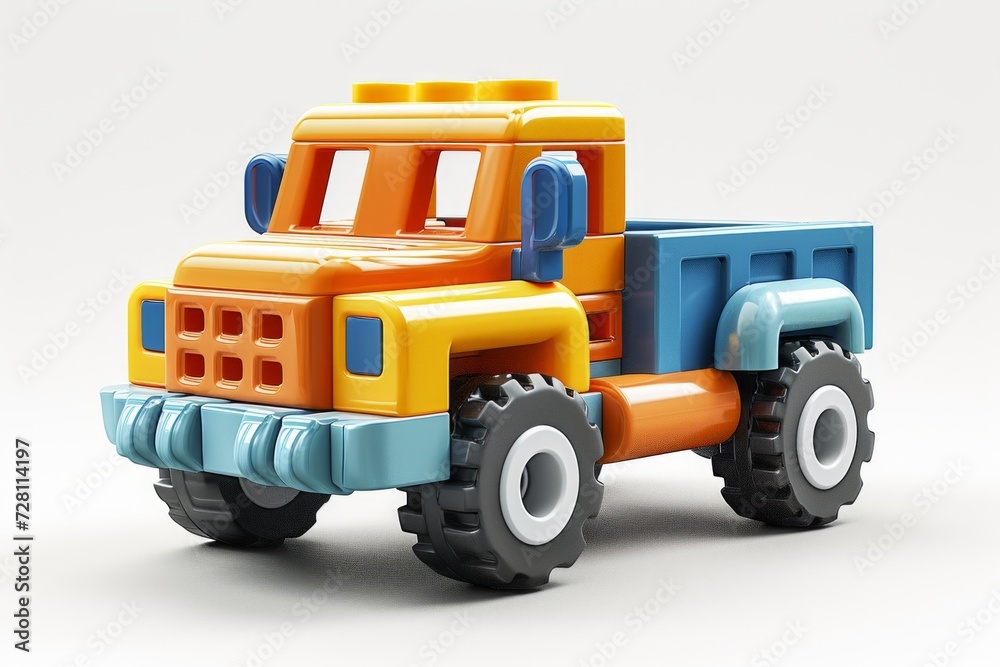Naklejka premium Colorful toy truck isolated on a white background. Side view. Cartoonish fantastic childrens car. Concept of kids toys, playful designs, transport-themed playthings, and bright colors.