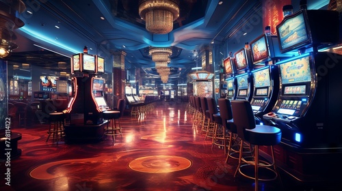 Casino interior with a variety of slot machines and decorative lighting. Concept of luck, betting, nightlife, gambling, leisure, and excitement.
