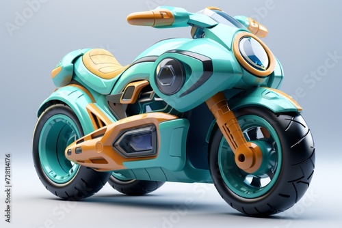 Futuristic blue orange toy motorbike isolated on a white background. Concept of kids friendly toys, transport-themed playthings, playful modern designs, and bright colors