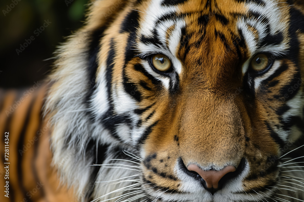 Close-up of a tiger's face with intense eyes.