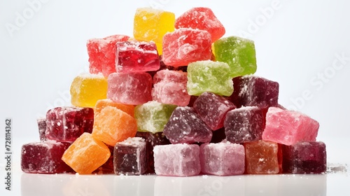 Multi-colored Turkish delight Rahat Lokum assortment, isolated on white background. Delicious oriental sweets.