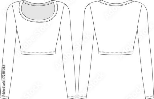 scoop neck cropped crop long sleeve blouse template technical drawing flat sketch cad mockup fashion woman design style model
