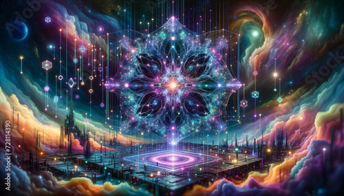 Enigmatic AI  Surreal neural network pulsating with cosmic energy and abstract elements