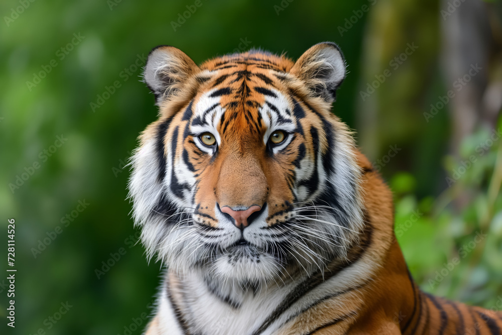 Full face of a tiger with a green backdrop.