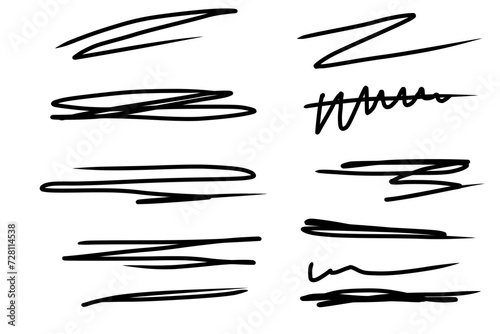 Hand drawn line set. Doodle design. Scribble with pen, outline with pencil. Black abstract element for design. Stock illustration isolated on white background. photo