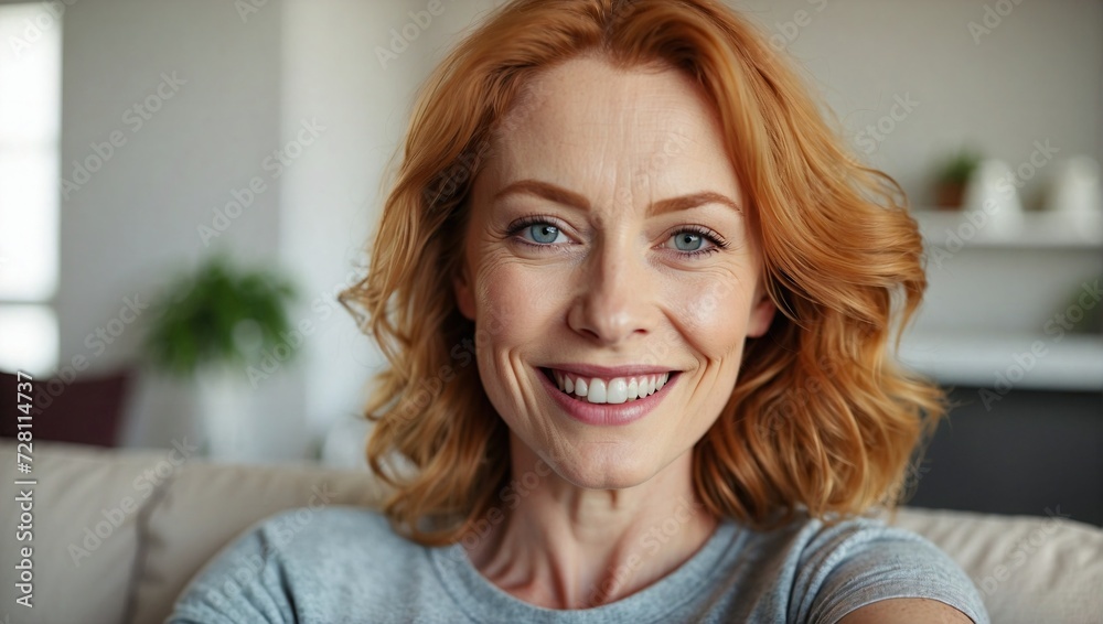 Smiling redhead woman enjoying a cozy moment at home, taking a selfie with a well-lit, comfortable background. Smiling redhead woman enjoying a cozy moment at home, taking a selfie with a well-lit, comfortable background.