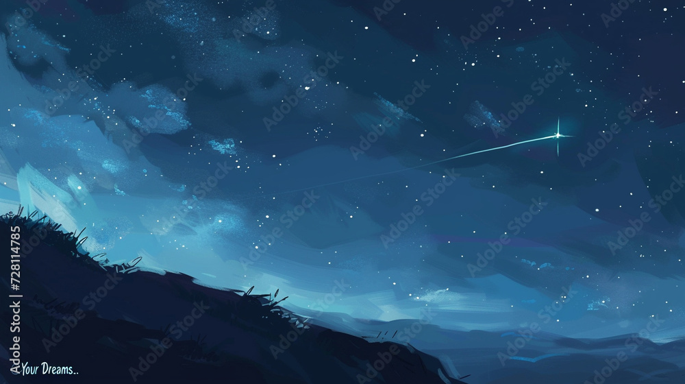 A minimalist yet impactful illustration of a lone shooting star streaking across a dark blue sky, with subtle watercolor accents adding depth. Generative AI