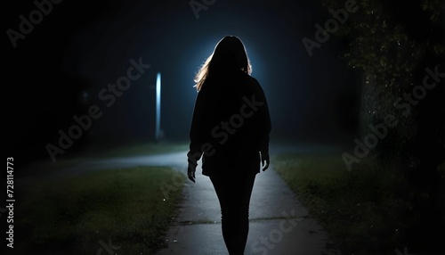 Silhouette of a young woman walking home alone at night , scared of stalker and being assault , insecurity concept created with generative ai 