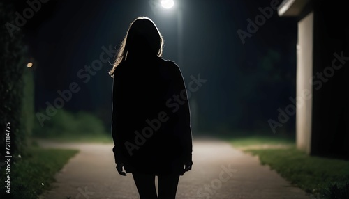 Silhouette of a young woman walking home alone at night   scared of stalker and being assault   insecurity concept created with generative ai 