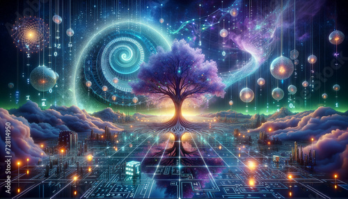 Surreal Logistic Regression  Majestic tree with S-shaped branches on reflective surface  glowing orbs float in cosmic sky