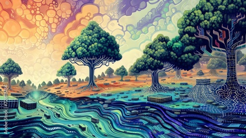Surreal Landscape with Flowing River and Stylized Trees
