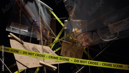 Crime scene investigation dolly camera flies through evidence collected on murder hanging on interweaving threads bloody knife and glasses in transparent bags. Perfect for crime documentaries intros photo