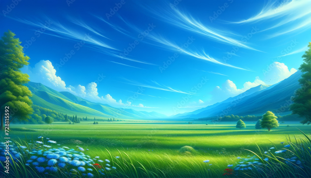 clear sky meadow landscape with mountains