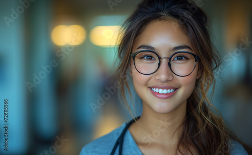 Portrait of an Asian doctor conveying the interplay of healthcare, pharmaceutical acumen, and medical innovation in a hospital's fast-paced milieu..