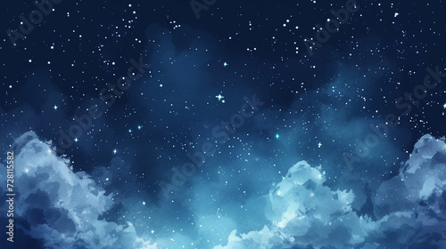 A celestial panorama showcasing a gradient of dark blue tones, adorned with shimmering stars and clusters, with a subtle watercolor effect adding depth and texture to the illustration. Generative AI