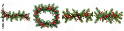 wide garland of Christmas tree branches and red berries Hyperrealistic Highly Detailed Isolated On Transparent Background Png File