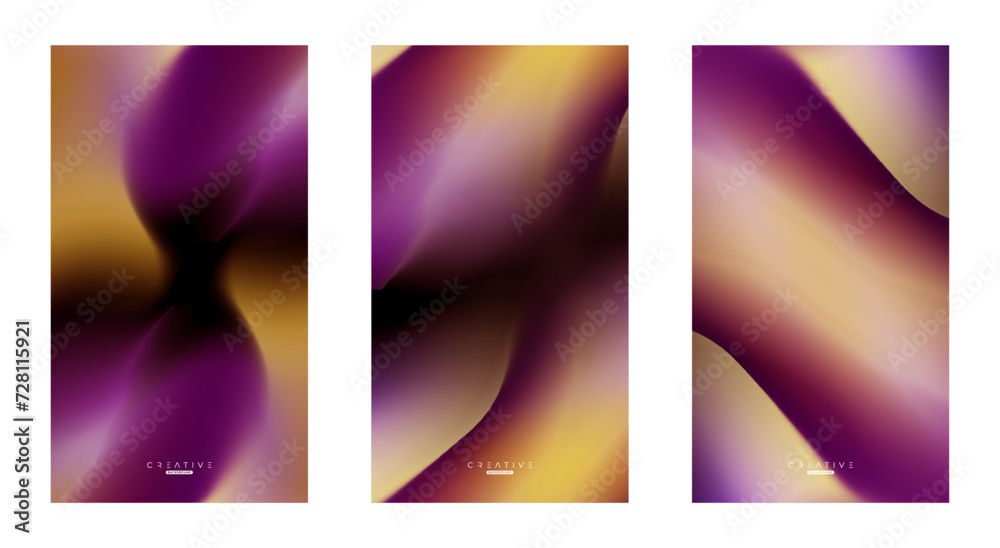 Set of Abstract liquid Gradient Vertical Background. Black, Yellow and Purple Fluid Color Gradient. Design Template For ads, Banner, Poster, Cover, Brochure, Wallpaper, and flyer. Vector.