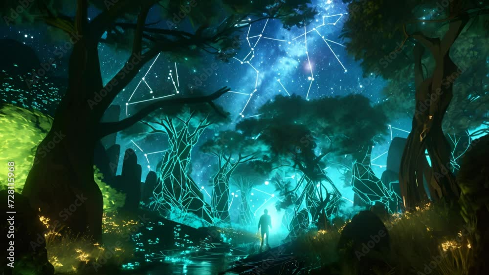 A fantastical forest where a lone figure gazes up at a mysterious ...