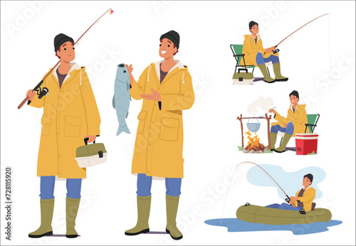 Set of Young Fisherman Character wear Yellow Raincoat holding Rod, Tackle Box, Cooking Fish Soup and Riding Rubber Boat