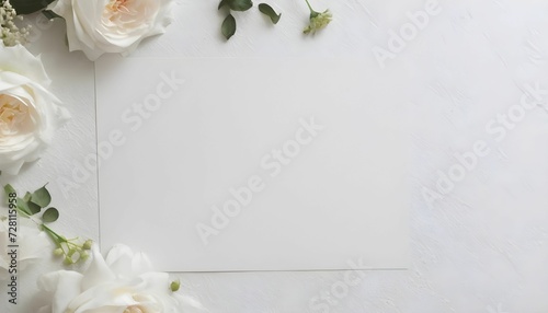 Background white top view up photo floral day flower mock wedding bridal invite. White banner card background shower above bride blank top date template save border design mockup  generative ai photo