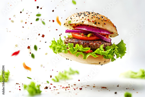 Fliegender Genuss: Leichter veganer Burger schwebt in kulinarischer Fantasie