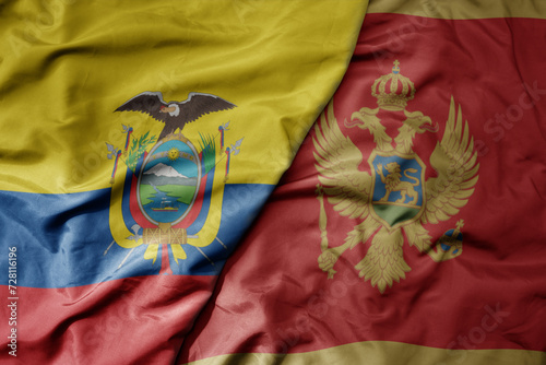 big waving national colorful flag of montenegro and national flag of ecuador .