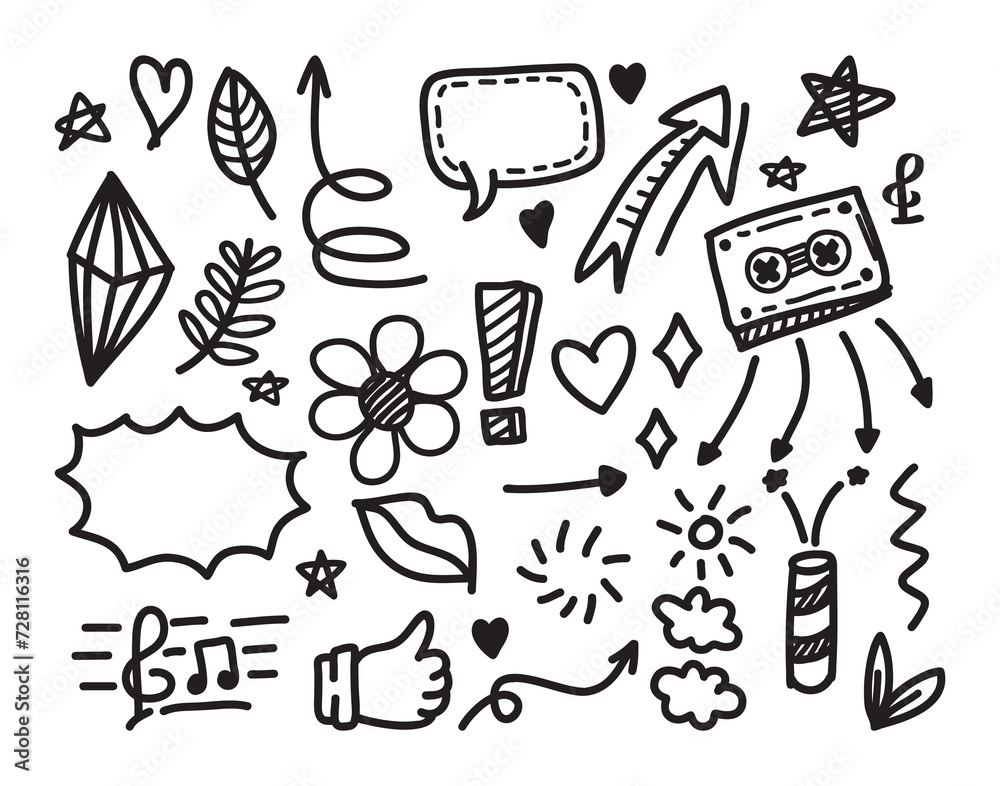 Hand-drawn elements, such as abstract arrows, ribbons, hearts, stars, crowns, and other design elements in a hand-drawn style for conceptual designs. Scribble vector illustration.