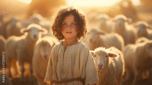 Capturing serenity: a tender portrayal of the little child Jesus Christ herding sheep, an endearing and symbolic scene embodying innocence, faith, and the pastoral charm of the biblical narrative © Ruslan Batiuk