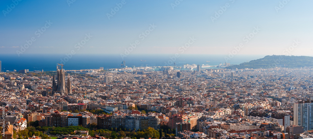 Panoramic view of Barcelona's skyline featuring the Sagrada Familia under a clear sky, with the Mediterranean Sea and port visible, showcasing the city's mix of architecture and natural landscape.