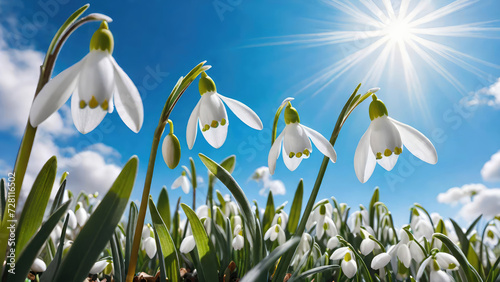 White snowdrops spring flowers against blue sky at sunny day.Natural floral background.Banner for design.AI generated.