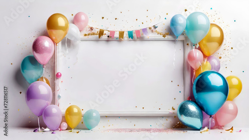 Celebration mockup background with colorful balloons and flags with frame for greeting text.Happy Birthday concept for design.Generative AI