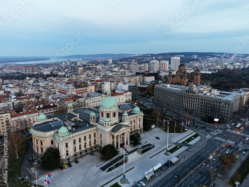 Drone view of the National Assembly of the Serbia Republic. Europe.