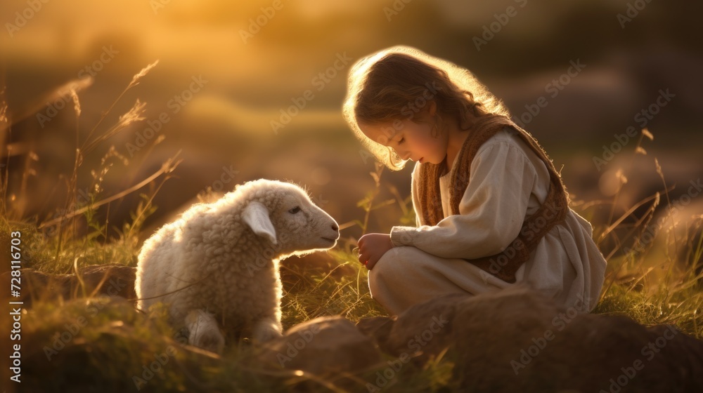 Capturing serenity: a tender portrayal of the little child Jesus Christ herding sheep, an endearing and symbolic scene embodying innocence, faith, and the pastoral charm of the biblical narrative Capturing serenity: a tender portrayal of the little child Jesus Christ herding sheep, an endearing and symbolic scene embodying innocence, faith, and the pastoral charm of the biblical narrative