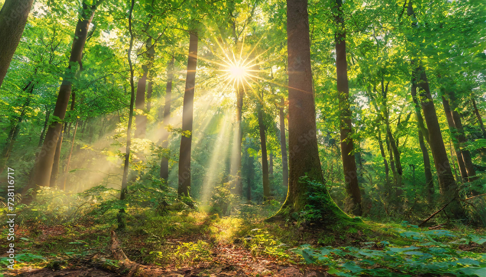 Obraz premium sun rays in forest. Sunlight filtering through trees