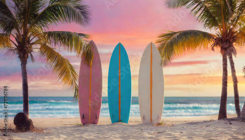 Surfboards in sand on a beach with palm trees. Summer