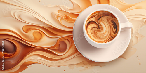 Coffee abstract background, white cup of coffee on a patterned background, latte art, top view