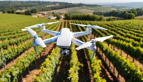 A drone flying over a vineyard, smart tech used for monitoring the fields in agriculture, automation and innovation through artificial intelligence created with generative ai
