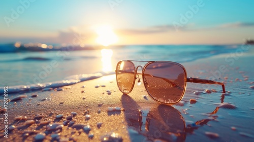 Summer background with sunglasses on the beach. 