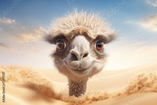 Funny lama or alpaca head look out from the pit. Cute animal hiding in the deserd under the sand dunes. photo