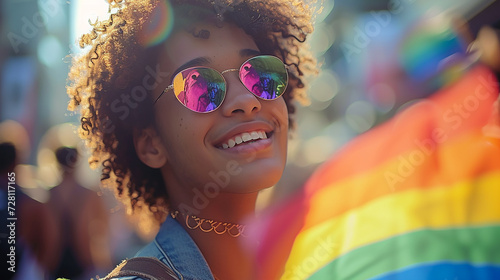 primo piano di bellissima persona fluida o omosessuale con occhiali da sole ,  bandiera arcobaleno sullo sfondo sfocato,  photo