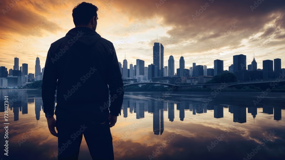 Urban Success in New York: Silhouetted Businessman Looking at the City Skyline