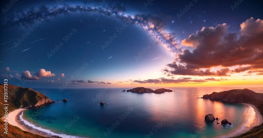 Vivid Horizon: A breathtaking scene capturing the beauty of a sunset and sunrise over the tranquil sea, featuring a vibrant interplay of orange and blue hues, with the sun casting a warm glow on the w