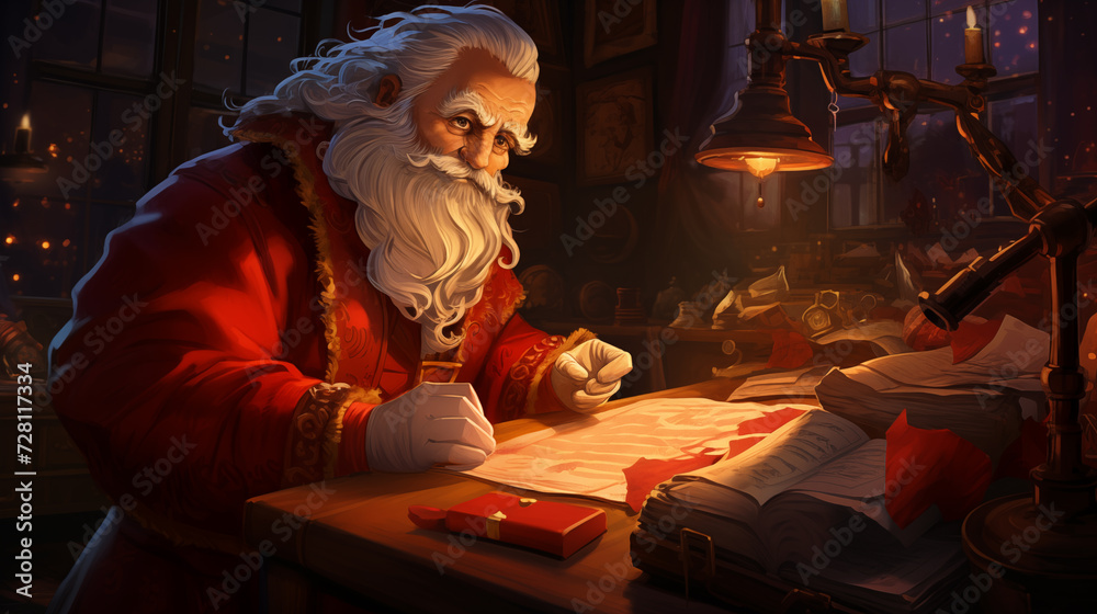 Santa Claus sit at the table reading text from the paper list. Old man with white beard and hair wearing red clothing at his home. Santa Claus sit at the table reading text from the paper list. Old man with white beard and hair wearing red clothing at his home.
