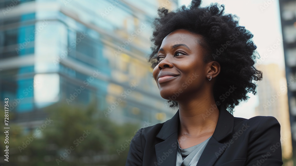 Obraz premium portrait afro american business woman outdoor with modern high-rise buildings in the background